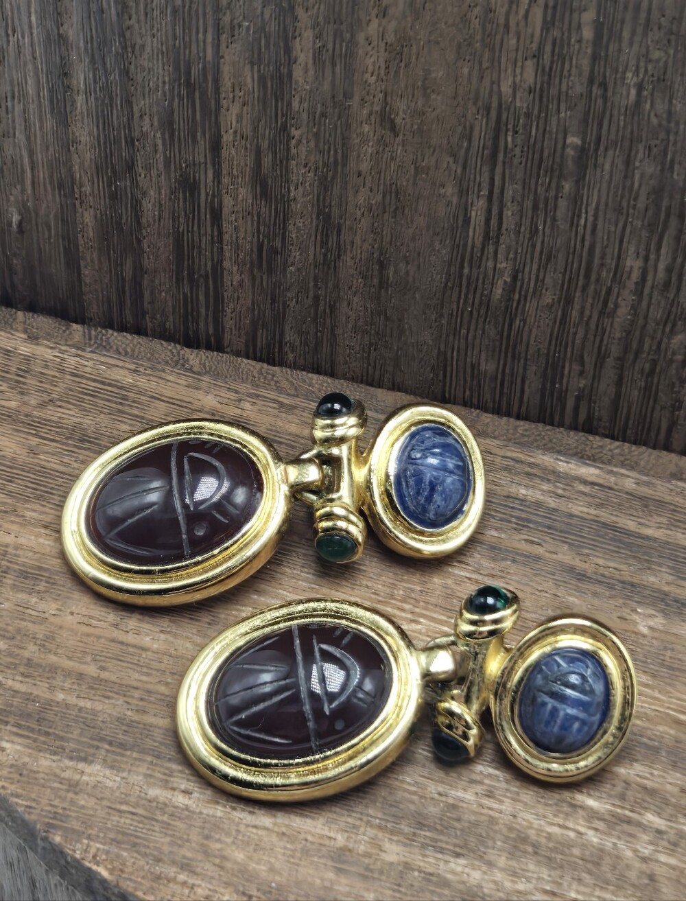 80's Givenchy Scarab Earrings Clip-On Carved Lapis Carnelian Egyptian Revival